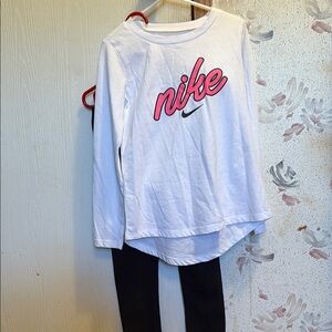 Nike White Shirt with Pink Logo and Black Leggings